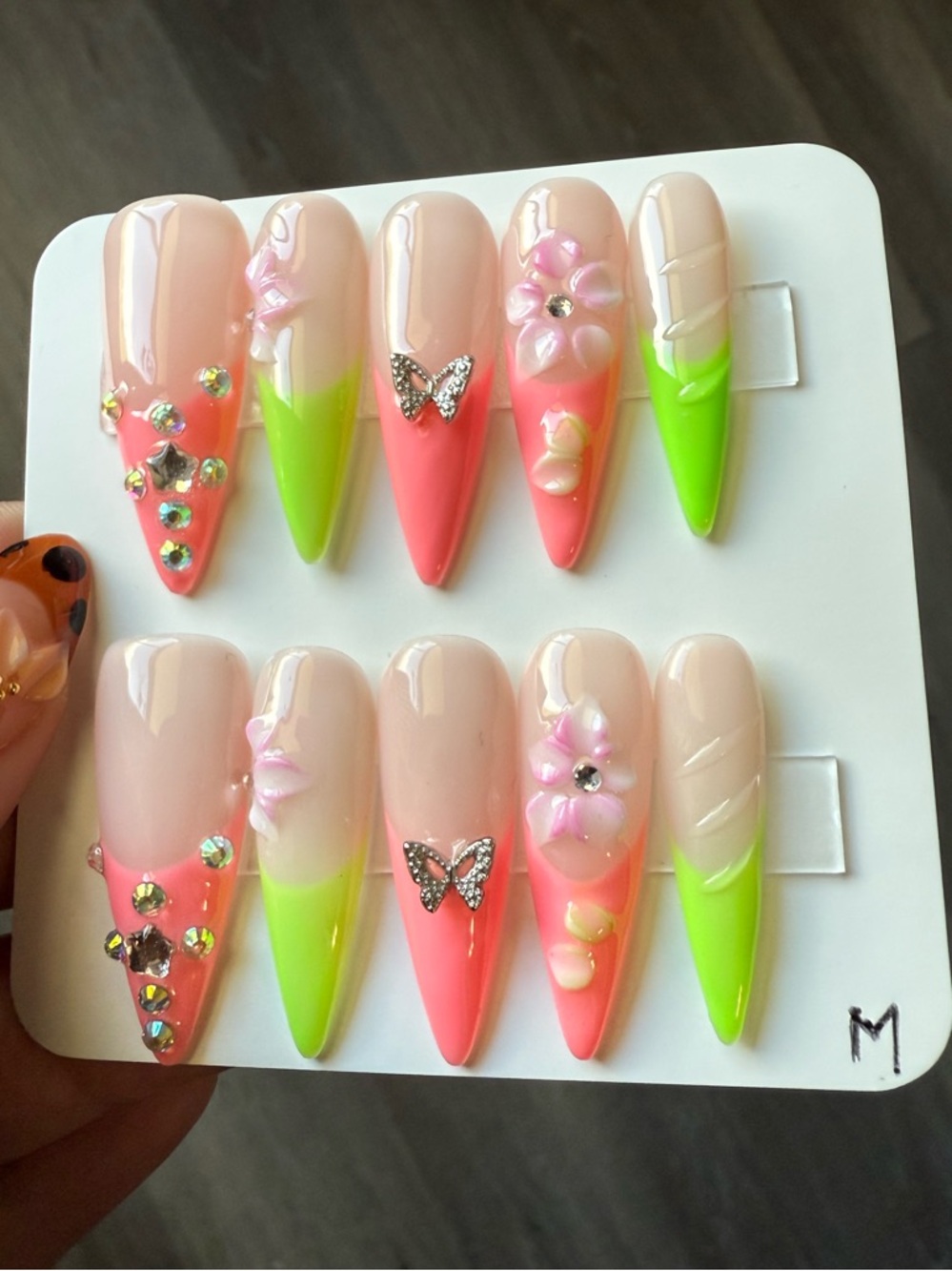Neon Pink & Lime Ombre Stiletto Press-On Nails with 3D Flowers & Rhinestones